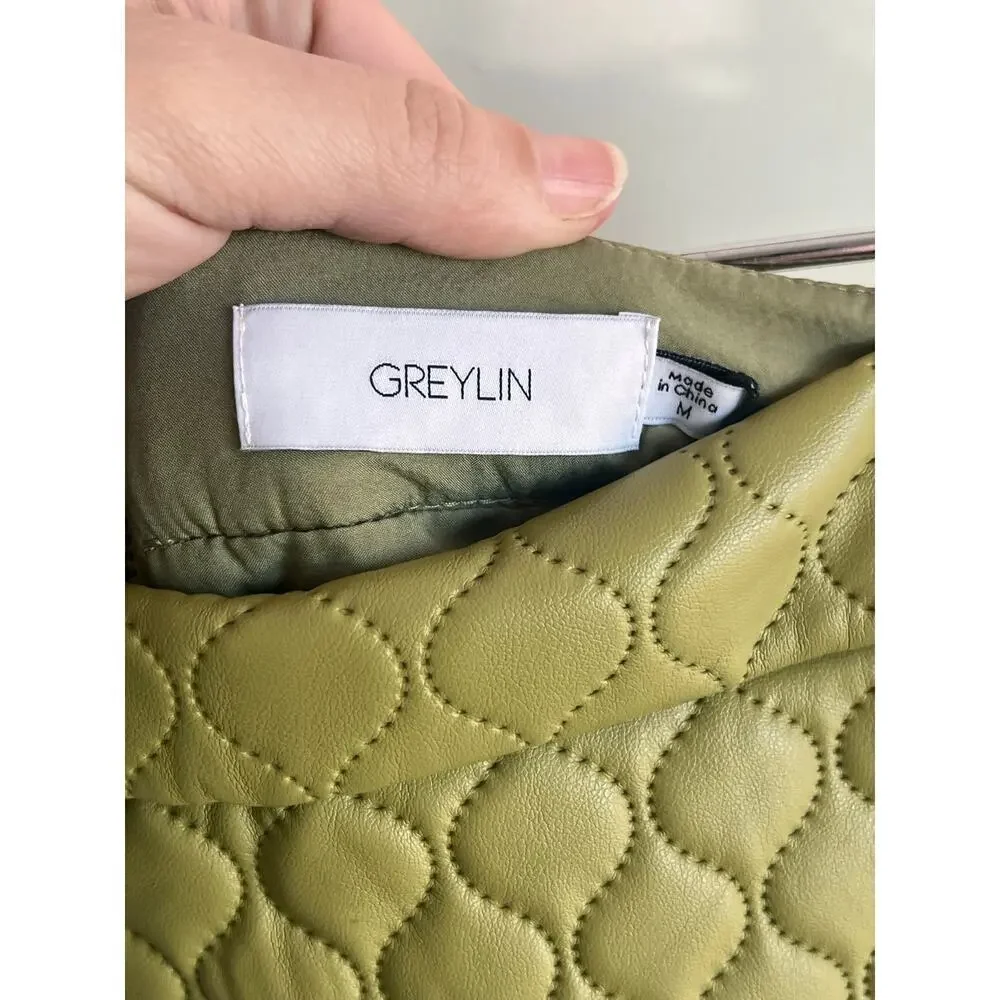Greylin Sandra Quilted Vegan Leather Jacket & Mini Skirt Algae Green Set M